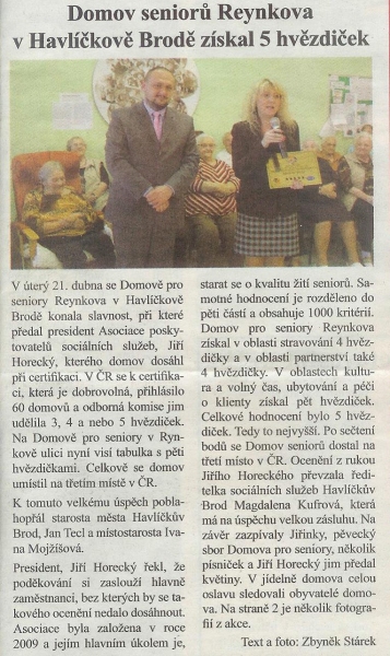 článek Domov seniorů Reynkova v Havlíčkově Brodě získal 5 hvězdiček