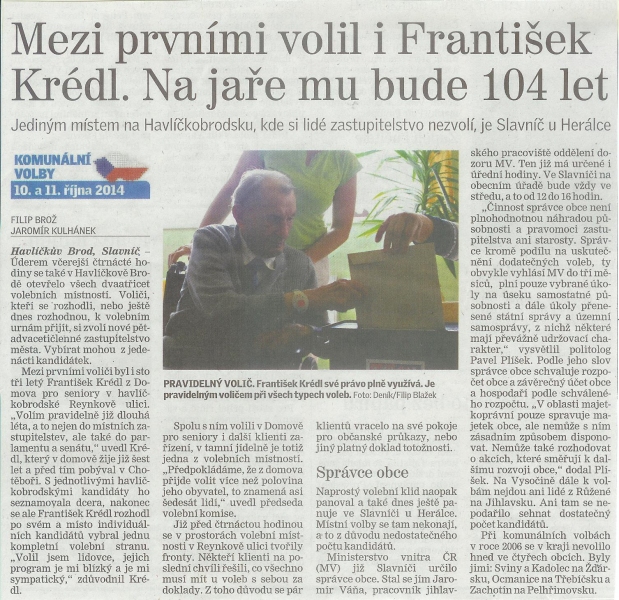 článek Mezi prvními volil i František Krédl. Na jaře mu bude 104 let