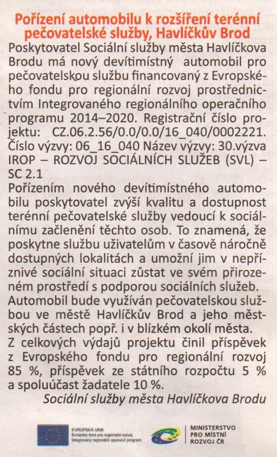 Pořízení automobilu k rozšíření terénní pečovatelské služby, Havlíčkův Brod
