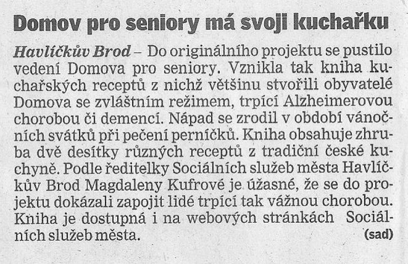 článek Domov pro seniory má svoji kuchařku