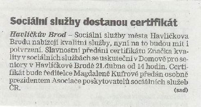 článek Sociální služby dostanou certifikát