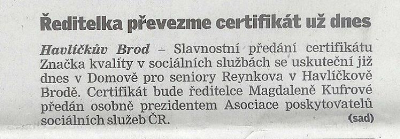 Ředitelka převezme certifikát už dnes