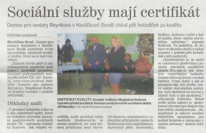 Sociální služby mají certifikát