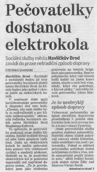 článek Pečovatelky dostanou elektrokola